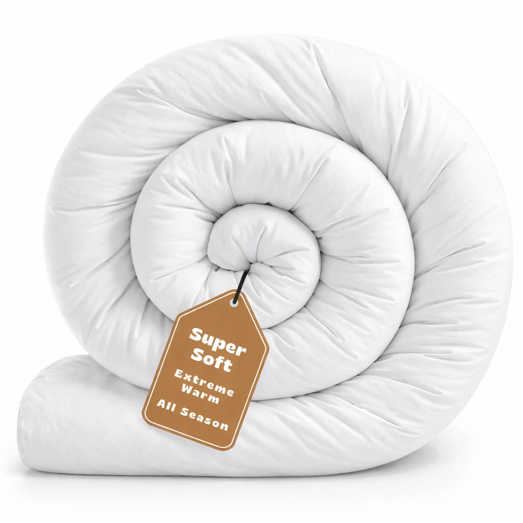 Rolled-up white duvet with a brown tag on a white background