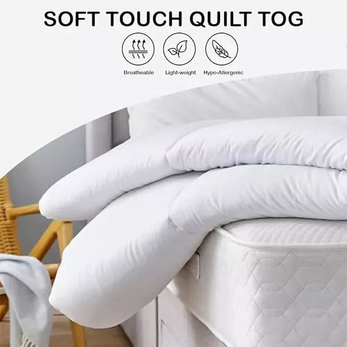 White quilt on a bed with 'Soft Touch Quilt Tog' text and features listed.