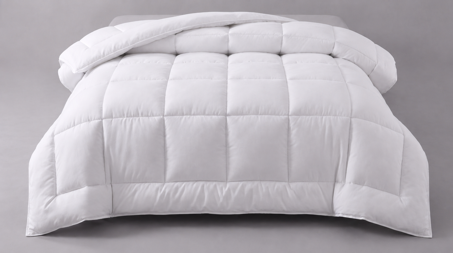 Premium 13.5 Tog Hotel Quality Microfibre Duvet with box-stitch construction, shown as voluminous, deeply plump, billowy cloud-like folds on a soft grey backdrop.