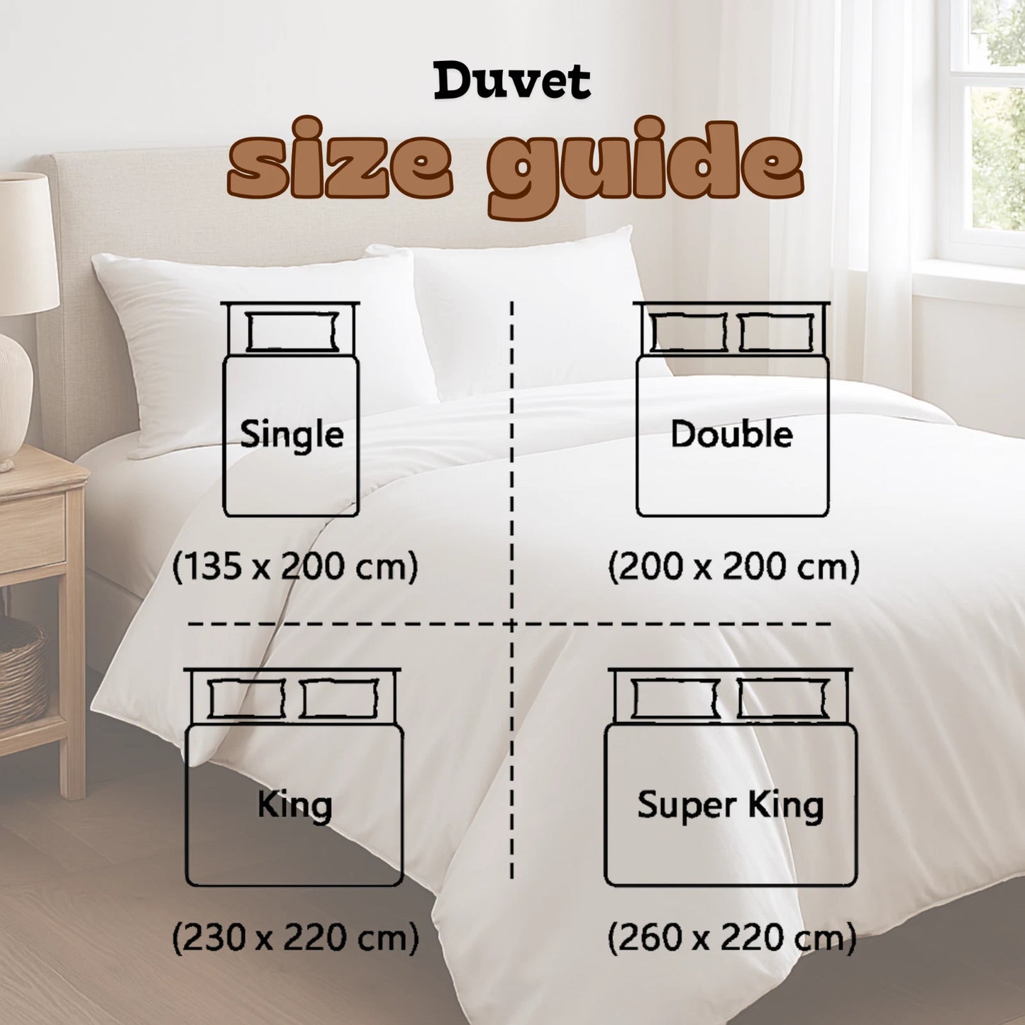 Duvet size guide with illustrations of single, double, king, and super king bed sizes.