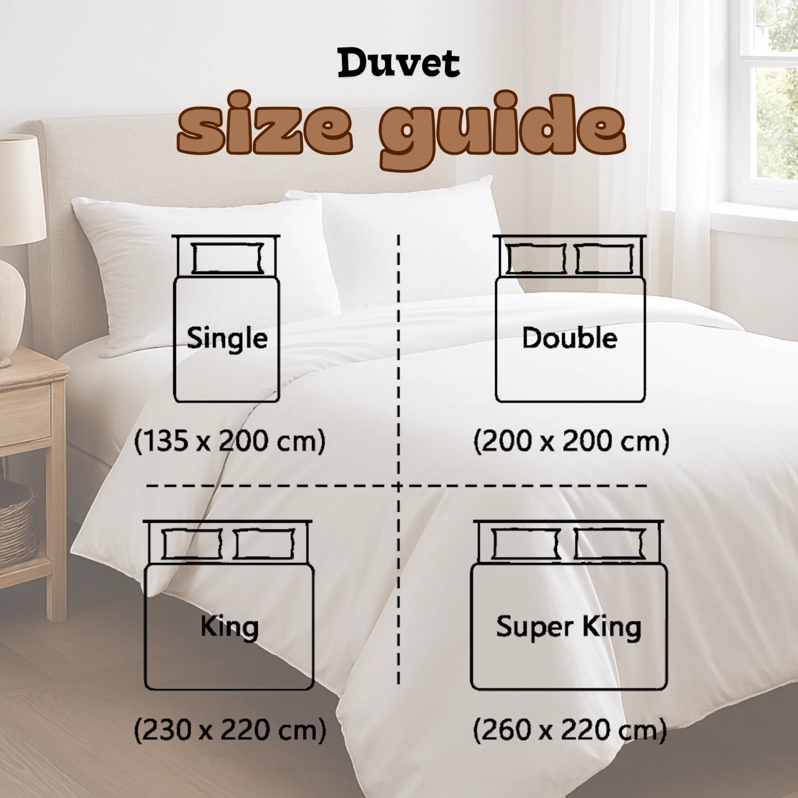 Duvet size guide with illustrations of single, double, king, and super king bed sizes.
