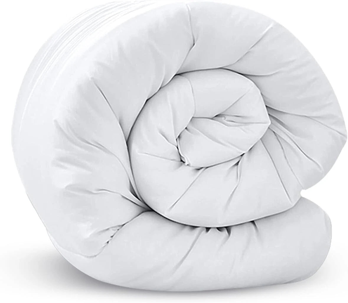 Rolled-up white quilt on a white background
