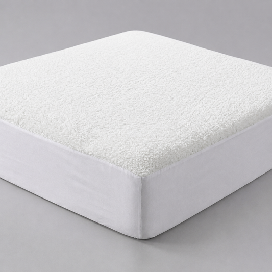 Luxury white thermal fleece underblanket shown as a fully fitted sheet-style mattress protector, with a dense, plush fleece surface wrapping securely and seamlessly around a deep 30cm mattress corner against a seamless grey backdrop.